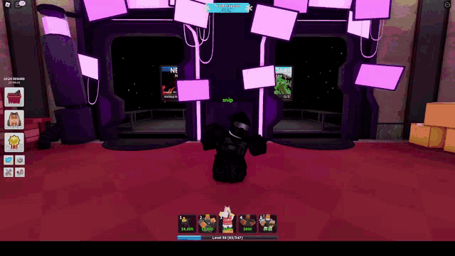 a screenshot of a video game shows a person standing in front of a screen that says ' ship '