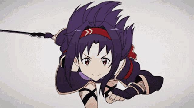 a cartoon of a girl with purple hair holding a large sword