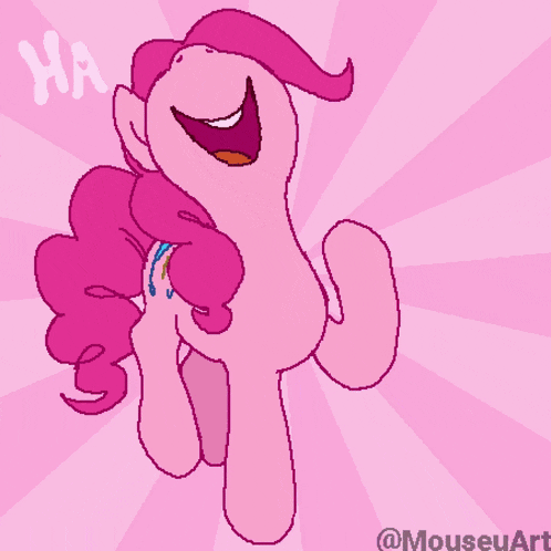 a drawing of a pink pony with blue eyes and the words ha ha ha