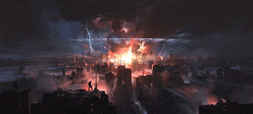 a painting of a city being destroyed by a massive explosion