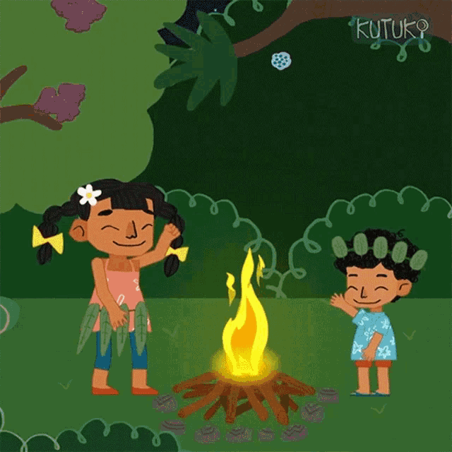 a boy and a girl are standing around a fire with the word kutuk written on the bottom