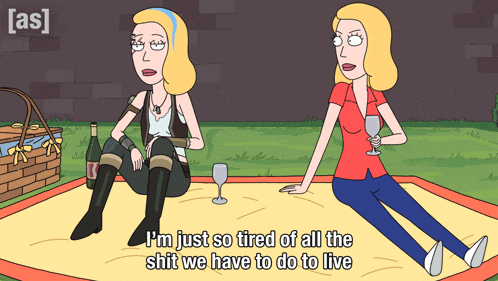 a cartoon of two women sitting on a picnic blanket with the words i 'm just so tired