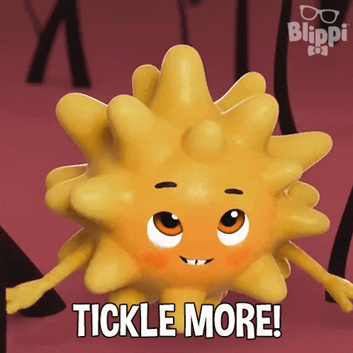 a cartoon character says tickle more in front of a red background