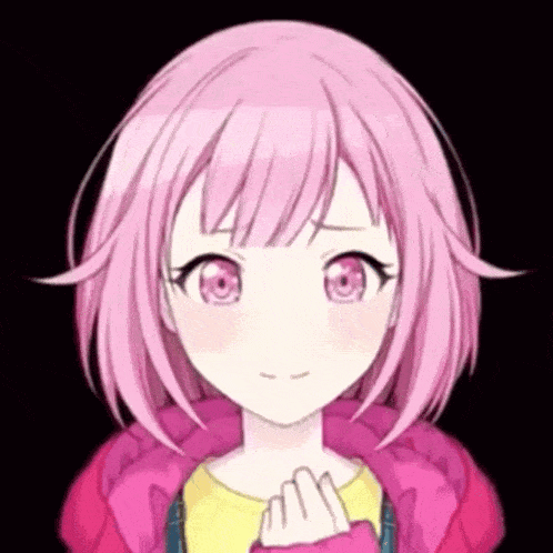 a close up of a pink haired anime girl 's face .