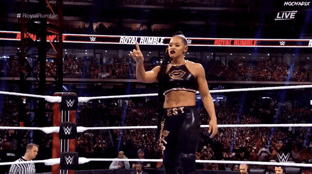 a female wrestler is standing in a wrestling ring .