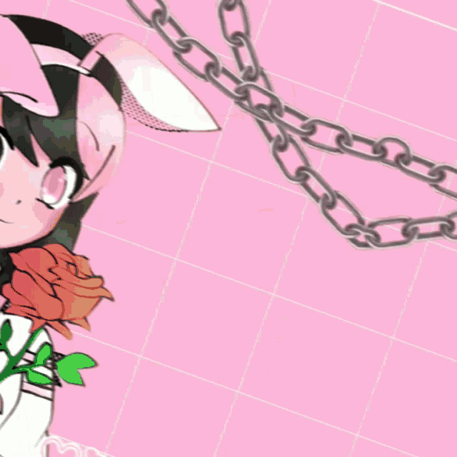 a drawing of a girl with bunny ears holding a rose with pastel written on the bottom right