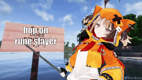 a girl is holding a stick in front of a sign that says " hop on rune slayer "
