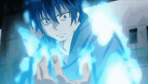 a man with blue hair is surrounded by blue flame