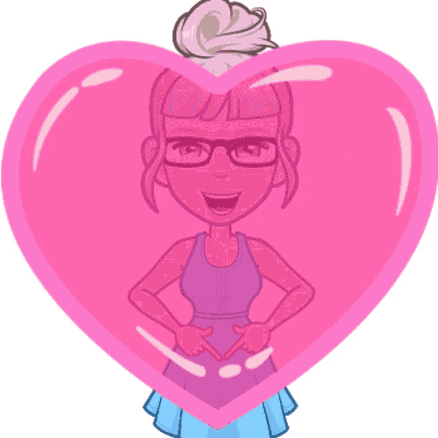 a cartoon girl with pink hair and glasses is standing in a pink heart