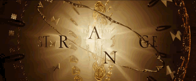 the word strange is surrounded by gold rings