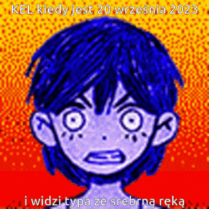 a drawing of a boy with blue hair and a red background with the words kel kiedy jest 20 września 2023