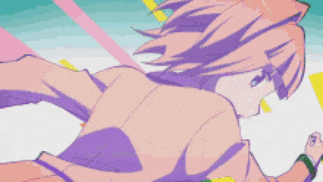 a cartoon drawing of a girl with purple hair and a yellow and green background