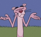a pink panther is standing in the grass with his arms outstretched and his eyes closed .