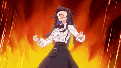 a girl in a white shirt and black skirt screams in front of a fire background
