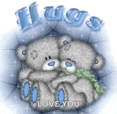 a couple of teddy bears hugging each other with the words `` hugs love you '' written above them .