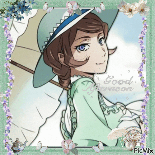 a picture of a girl with an umbrella and the words good afternoon on it