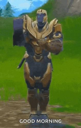 thanos from avengers : age of ultron is dancing in a field with the words `` good morning '' written below him .