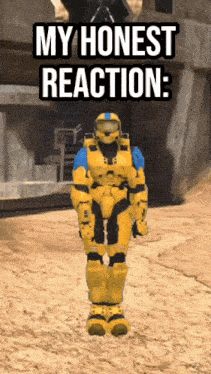 a video game character is standing in the dirt with the words my honest reaction written above him