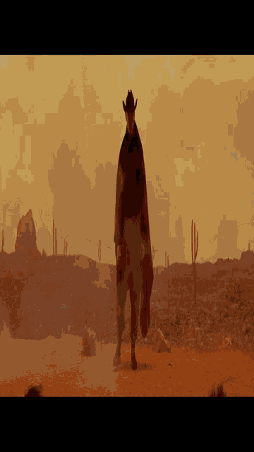 a man in a cape and cowboy hat is standing in the desert