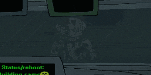 a cartoon drawing of a robot with the words status / reboot on the bottom right