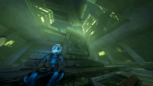 a statue in a dark room with a sign that says ' a few steps ' on it