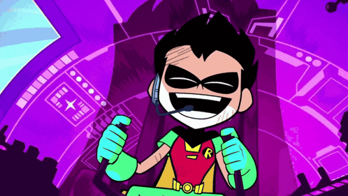 a cartoon of robin holding a microphone with the letter r on his chest
