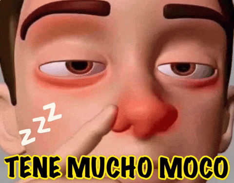 a cartoon of a man with a red nose and the words " tiene mucho moco " below him