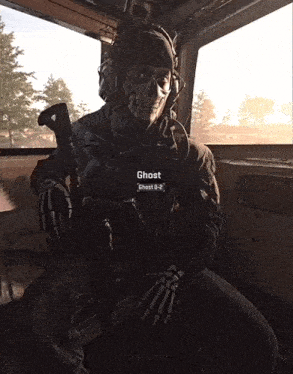 a video game character named ghost is sitting in the cockpit of a plane