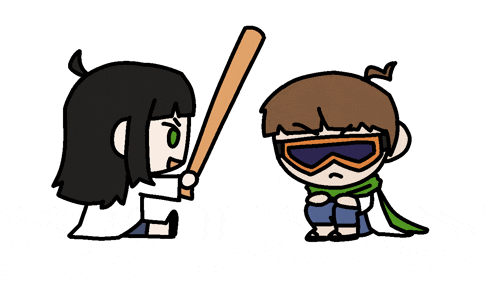 a cartoon drawing of a girl holding a bat next to a boy wearing goggles