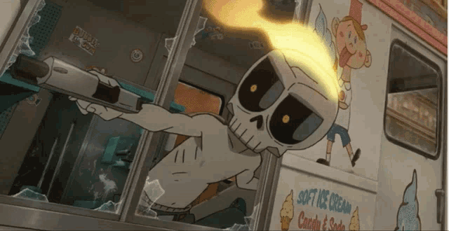 a cartoon character holding a gun in front of an ice cream truck that says soft ice cream