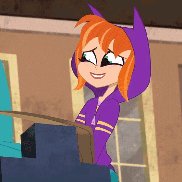 a cartoon girl wearing a purple hoodie with a letter a on it