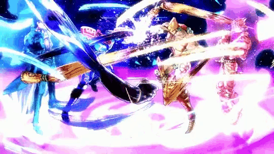 a video game scene with a purple background and a few characters fighting each other