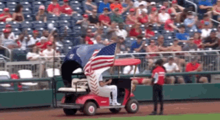 a golf cart with an american flag on top of it is on a baseball field