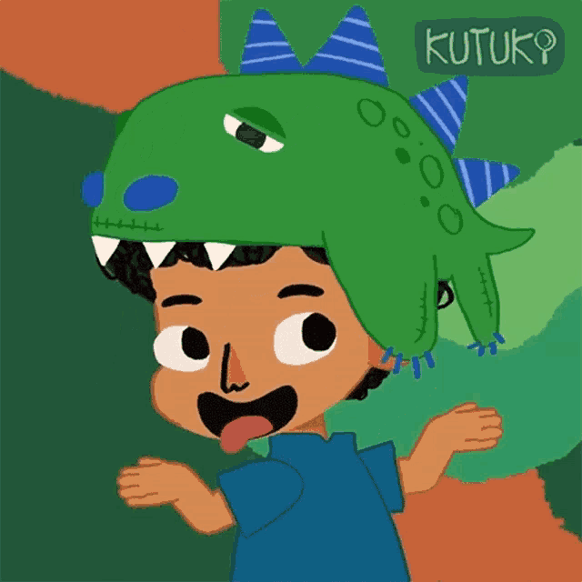 a cartoon of a boy wearing a dinosaur hat with the word kutuk on the bottom