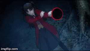 a girl in a red coat is holding a sword in front of a red light .