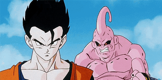 a cartoon of a man and a pink monster