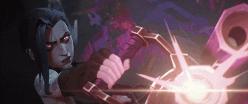 a woman with purple eyes is holding a sword in her hand