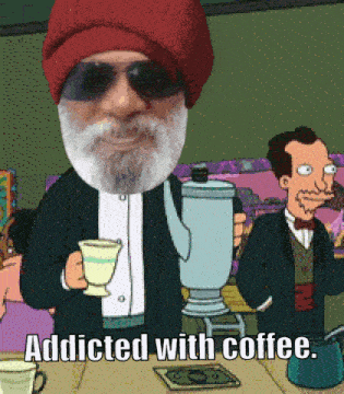 a man with a beard is holding a cup of coffee and a blender with the words addicted with coffee