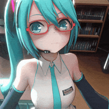 hatsune miku is a female anime character with glasses and a headset