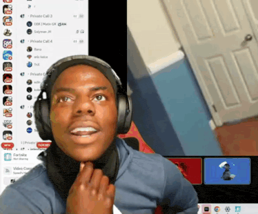 a man wearing headphones is looking at a screen that says " private call 3 " on it