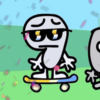 a cartoon character wearing sunglasses is sitting on a skateboard