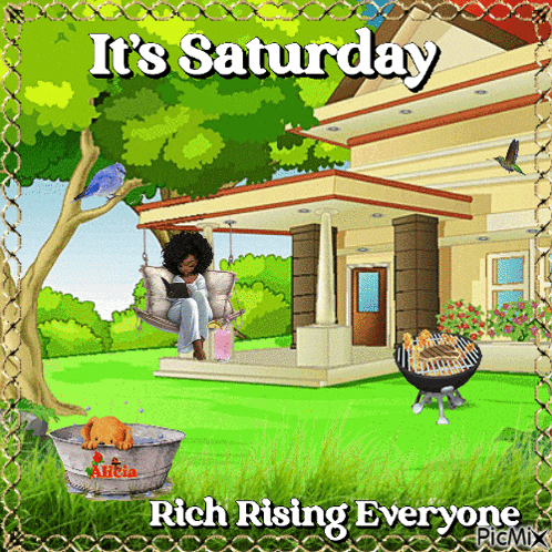 a cartoon of a woman sitting on a porch swing with the words it 's saturday rich rising everyone