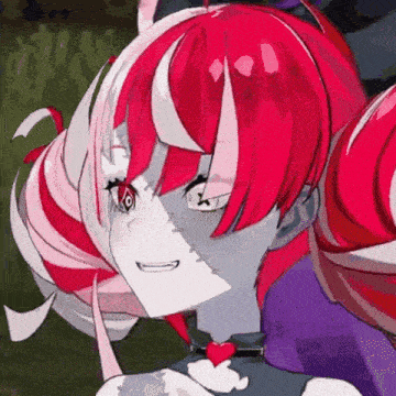 a close up of a pink and white anime girl with red hair and a heart on her neck .