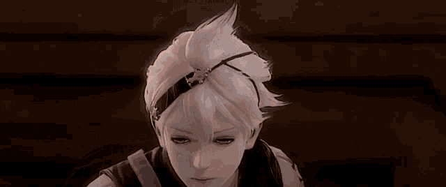 a close up of a girl with white hair and a headband on her head .