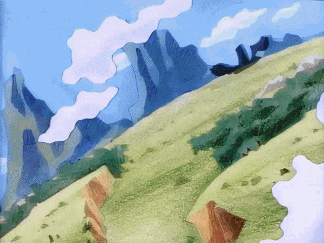 a painting of a mountain with a blue sky and white clouds