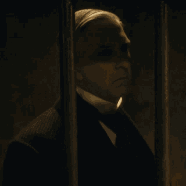 a man in a suit and tie behind bars with the words i don 't care below him