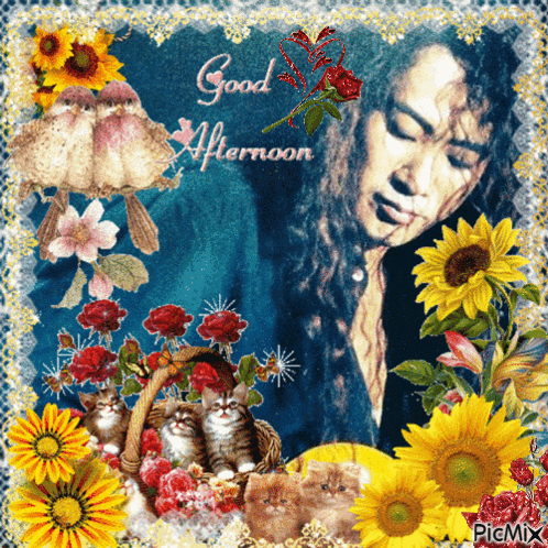a picture of a woman surrounded by flowers and kittens with the words good afternoon