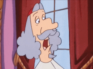 a cartoon character with gray hair and a mustache is looking out of a window