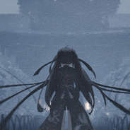 a girl with long black hair is standing in the dark in a forest .