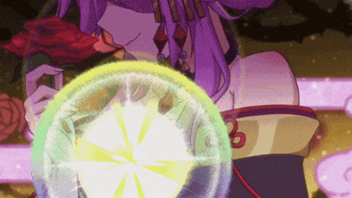 a woman with purple hair is holding a rose and a yellow ball with the letter b on it